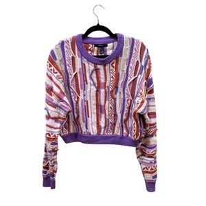 Forever 21 Cropped Sweater Purple Pink Orange 3D Pattern Cosby 80's Style Size M